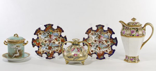 Nippon Hand Painted China Assortment: Nippon Hand Painted China Assortment Having one double handled vase, one shaving holder and one pitcher and one pitcher, together with two painted Asian bowls Height: 10.00 inches (tallest) Category: 