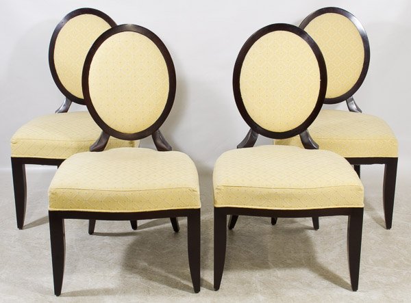 Upholstered Dining Chairs by Barbara Barry for Baker: Upholstered Dining Chairs by Barbara Barry for Baker Four chairs, dark frame, pale yellow upholstery Height: 38.00 inches, Width: 22.00 inches, Depth: 24.00 inches Category: Furniture > Contemporary S