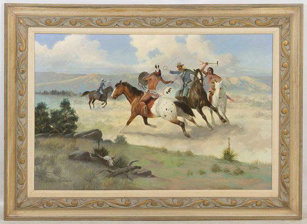 Charles Damrow (American, 1916-1989) 'Cowboys and: Charles Damrow (American, 1916-1989) 'Cowboys and Indians' Oil on Canvas Undated, signed lower left, depicting Indians and cowboys on horseback Height: 24.00 inches, Width: 36.00 inches Category: Fine