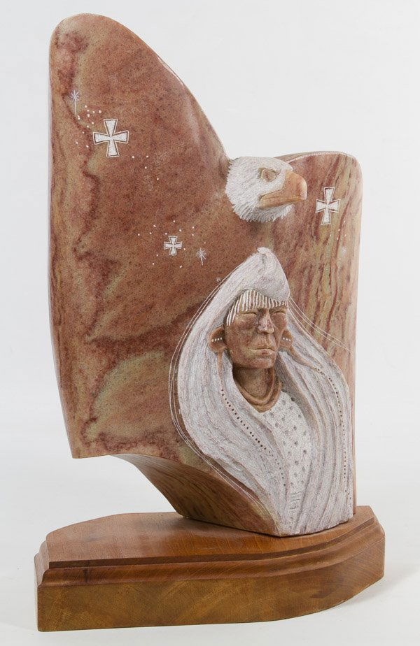 Alvin K. Marshall (American, 20th Century) 'Eagle and: Alvin K. Marshall (American, 20th Century) 'Eagle and Navajo' Alabaster on Wood 1990, signed on the back, depicting a large eagle with a Navajo Indian Height: 15.75 inches, Width: 10.00 inches Categor