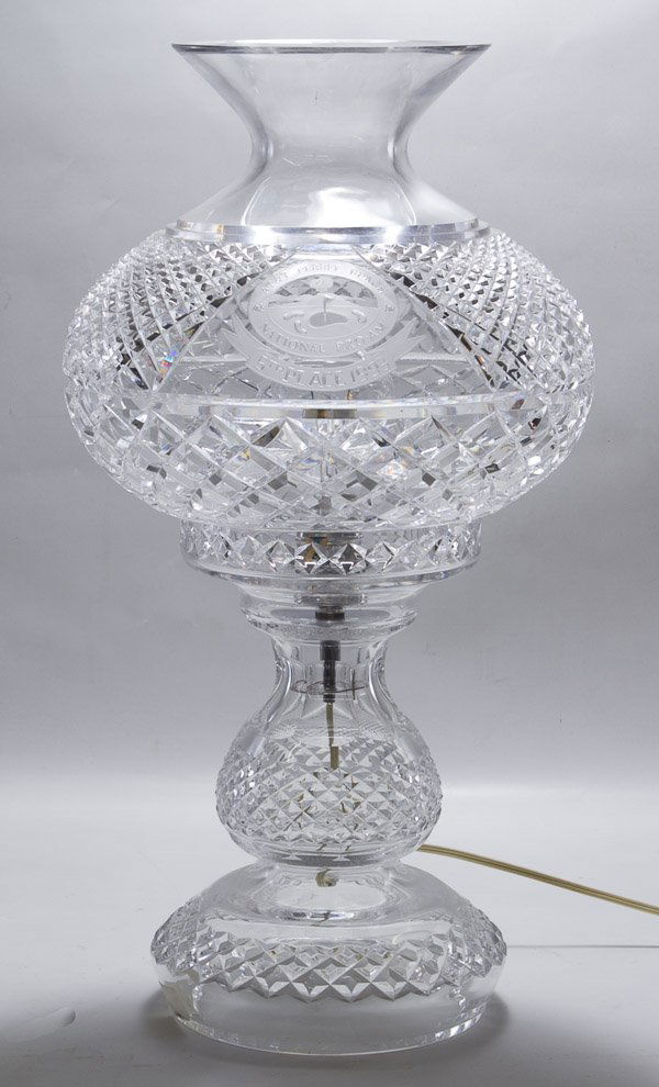 Waterford AT&T Pebble Beach Hurricane Lamp: Waterford AT&T Pebble Beach Hurricane Lamp 5th place prize Height: 19.00 inches Category: Crystal > Waterford Shipping Status: 3rd Party Shipping; the shipping cost may be high; please contact The UPS