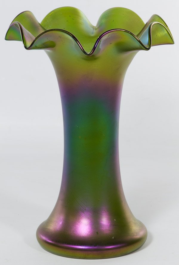 Loetz Style Iridescent Vase: Loetz Style Iridescent Vase Having a ruffled edge Height: 11.25 inches, Width: 8.00 inches Category: Glass > Art Glass Shipping Status: Leonard Auction, Inc. will directly ship via USPS Approximate Sa