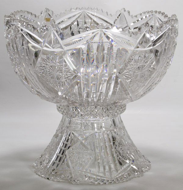 Libby Brilliant Cut Glass Punch Bowl and Stand: Libby Brilliant Cut Glass Punch Bowl and Stand Having a maker's stamp in the middle of the punch bowl Height: 12.75 inches, Width: 14.00 inches (both pieces together) Category: Glass > Other Shipping