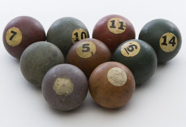 Billiard Balls: Billiard Balls Including nine balls in different colors Width: 1.00 inches Category: Toys and Dolls > Pre-War Toys Shipping Status: Leonard Auction, Inc. will directly ship via USPS Approximate Sale T