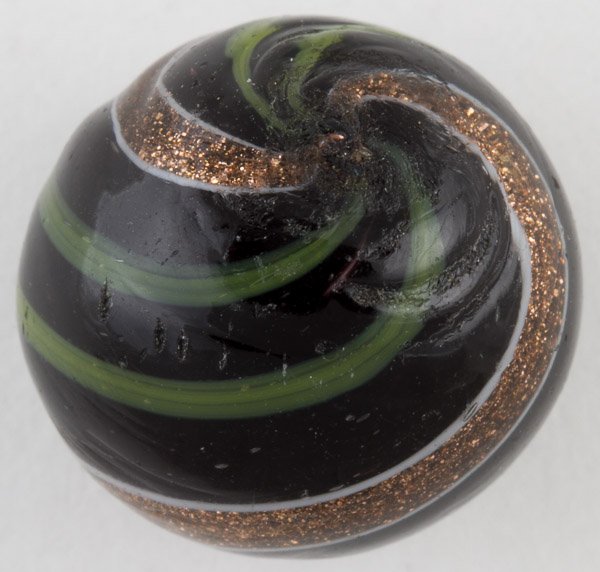 Lutz Black Opaque Marble: Lutz Black Opaque Marble Black opaque German Lutz marble with a green and white swirl and gold band Diameter: 0.70 inches Category: Collectibles > Marbles Shipping Status: Leonard Auction, Inc. will d