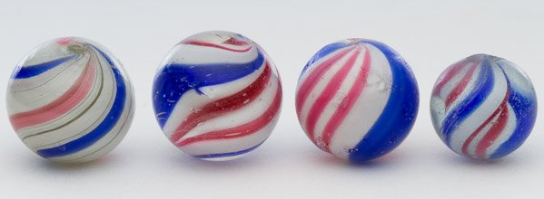 Peppermint Marble Assortment: Peppermint Marble Assortment Including two mostly opaque German peppermint swirls together with two German peppermint solid core swirls Diameter: 0.79 inches (largest) Category: Collectibles > Marbles