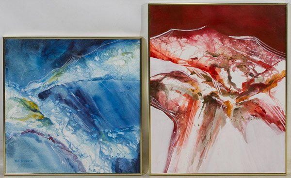Sue Gingrich (20th Century) 'Abstract' Oil on Canvas: Sue Gingrich (20th Century) 'Abstract' Oil on Canvas Undated, signed lower left, two works depicting abstract scenes, one in blue tones, one in red tones Height: 23.50 inches, Width: 23.50 inches Cate