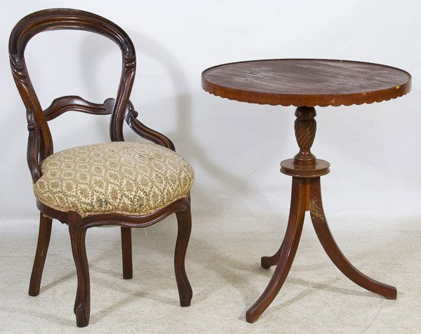 Victorian Walnut Parlor Chair and Mahogany Center Table: Victorian Walnut Parlor Chair and Mahogany Center Table Balloon back chair with upholstered seat together with a round pedestal table with three legs Height: 28.00 inches, Diameter: 24.00 inches (Of t