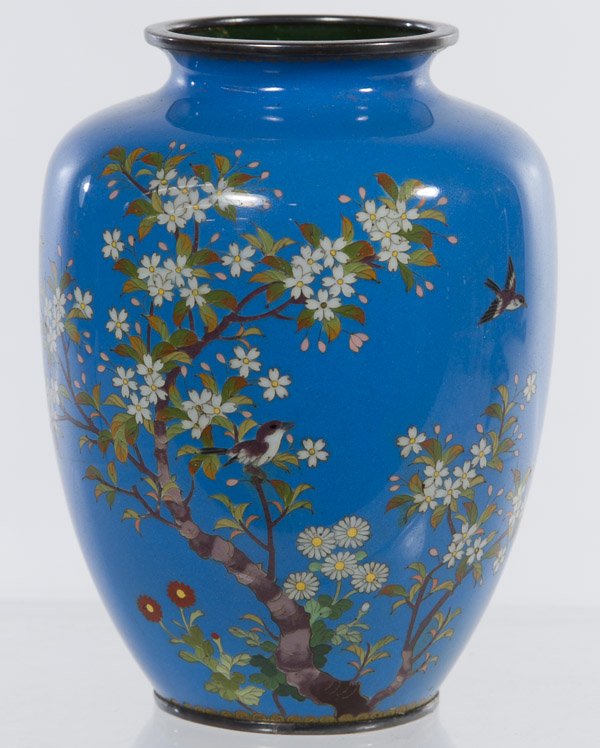 Ando Cloisonne Enamel Vase: Ando Cloisonne Enamel Vase c.1900; having a bird and flowering tree design on a light blue ground; marked on the base Height: 4.75 inches Category: Decorative Arts > Asian Shipping Status: Leonard Auc