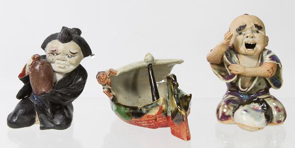 Asian Ceramic Figurine Assortment: Asian Ceramic Figurine Assortment Three items including an Asian male with raised arm, a boat with sail and male figure and an Asian female figure holding a vase; and sailboat and female have incised 