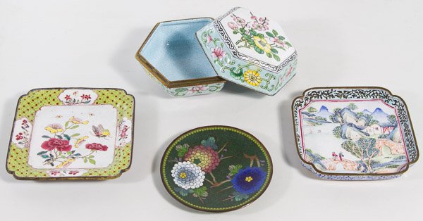 Asian Enamel Cloisonne Dishes: Asian Enamel Cloisonne Dishes Two cloisonne enamel dishes having decorative floral designs and one having a city scene; together with one cloisonne jewelry box having floral designs; Height: 2.00 inch