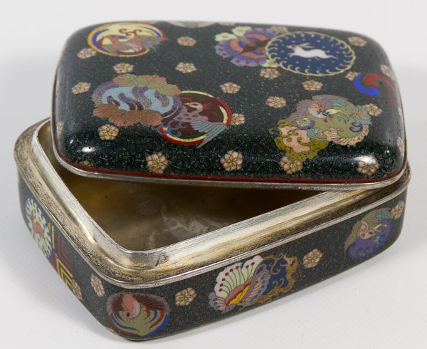 Cloisonne Enamel Box: Cloisonne Enamel Box c.1890 (Meiji Period); having bird and animal rondels; Provenance: Eldred's Auction, August 21, 2001, lot #234 Width: 3.75 inches Category: Decorative Arts > Asian Shipping Status