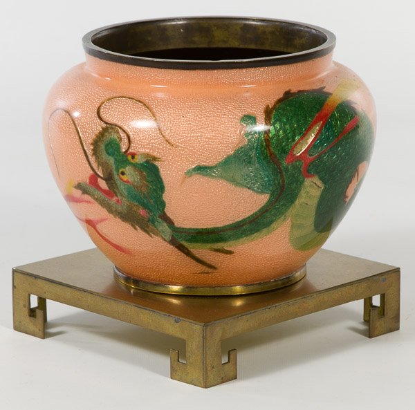 Cloisonne Enameled Jardiniere: Cloisonne Enameled Jardiniere c.1890 (Meiji Period); having a green dragon design on a peach ground; Kumeno Teitero mark on base; includes brass display stand; Provenance: Eldred's Auction, August 24,