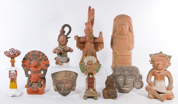 Mexican Pottery Figurines: Mexican Pottery Figurines Ten items including terra cotta figurines, mask faces and a 'Lime' signed glazed porcelain female figure from the Dominican Republic Height: 13.00 inches (tallest) Category: 
