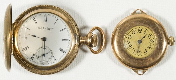Elgin Gold Filled Pocket and Wrist Watches: Elgin Gold Filled Pocket and Wrist Watches Two watches; 7 jewel, full hunter case serial #8970226 from 1900; wrist watch serial #18014989 from 1915 Category: Jewelry and Timepieces > Women's Pocket Wa