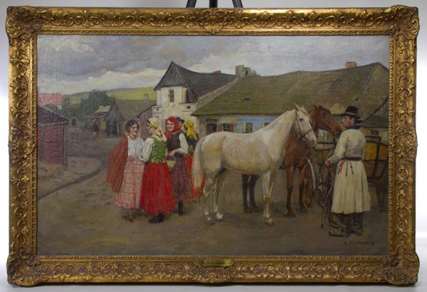 Antoni Piotrowski (Polish, 1853-1924) 'Sunday Visitors': Antoni Piotrowski (Polish, 1853-1924) 'Sunday Visitors' Oil on Canvas Undated, signed in lower right, depicting a man with two horses and a group of women in a village scene; Provenance: Chicago Art G