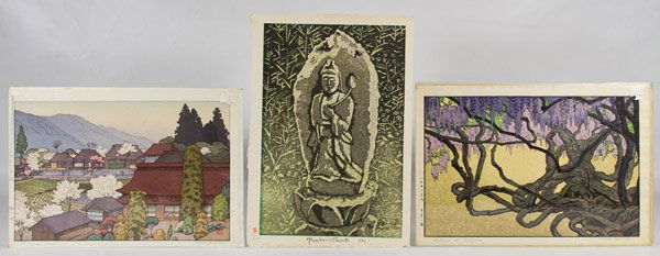 Japanese Print Assortment: Japanese Print Assortment Three items including a signed Shiro Kasamatsu 'Roadside Saint' print numbered 66/200, a signed Toshi Yoshida 'Village of Plums' landscape print and a second signed Toshi Yos