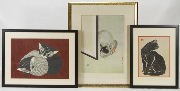 Kaoru Kawano (Japanese, 1916-1965) 'Two Kittens': Kaoru Kawano (Japanese, 1916-1965) 'Two Kittens' Woodblock Print Three items including an undated Kawano print with printed signature block,depicting two cats, along with a second black cat print by u