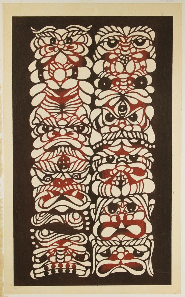 Mikumo (Japanese, 20th Century) 'Abstract Totem' Print: Mikumo (Japanese, 20th Century) 'Abstract Totem' Print Undated, signed in lower right, numbered 189/300, depicting totem faces Height: 23.00 inches, Width: 14.00 inches Category: Fine Art > Asian Pain
