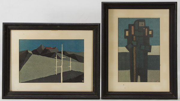 Umetaro Azechi (Japanese, 1902-1999) 'Man with: Umetaro Azechi (Japanese, 1902-1999) 'Man with Backpack' Woodblock Print Undated, stamp block signature, depicting an abstract male, together with a second Umetaro Azechi print depicting an abstract l