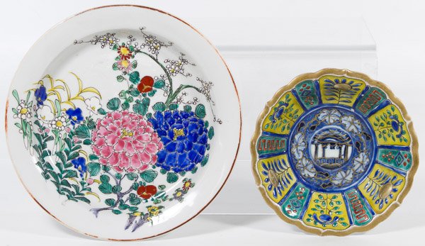 Asian Dish and Bowl: Asian Dish and Bowl An Edo period low bowl with white ground and red and blue carnations and an Imari lotus form bowl with green and yellow enamel decoration (Provenance: Eldred's Auction, August 20, 