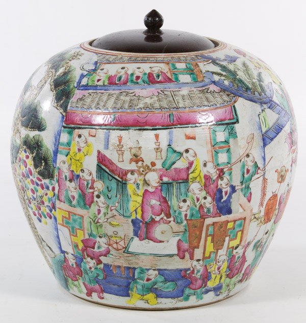 Asian Ginger Jar: Asian Ginger Jar Famille Rose style jar with village scene and wood lid Height: 9.00 inches Category: Porcelain and Ceramics > Asian Shipping Status: Leonard Auction, Inc. will directly ship via USPS