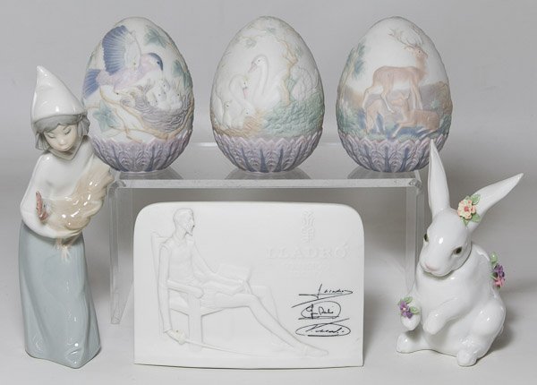 Lladro Figurine Assortment: Lladro Figurine Assortment Six figurines including #4677 'Girl with Rooster', #6100 'Sitting Bunny with Flowers', #6083 1993 Egg, #7532 1994 Egg, #7550 1996 Egg and #7601 'Charter Member Plaque' with 