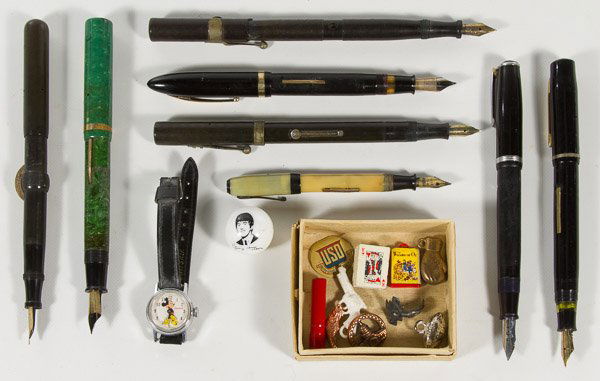 Fountain Pens, Child's Watch and Charm Assortment: Fountain Pens, Child's Watch and Charm Assortment Including an Ingersoll Mickey Mouse watch, a box of charms, a Beatles' George Harrison ball, eight fountain pens by Conklin, Sheaffer, Velvet Point, W