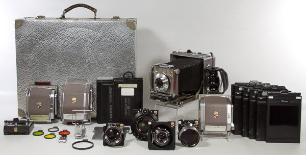 Technika D.B.P. A.P.a. Camera & Accessories: Technika D.B.P. A.P.a. Camera & Accessories Serial number 69611; Carrying case including Xenar 1:4.5/150 lens, Heliar 1:4.5/24cm lens, Tele-Arton 1:4/180 lens, Xenotar 1:2,8/100 lens, Apo-Lanthar 1:4.