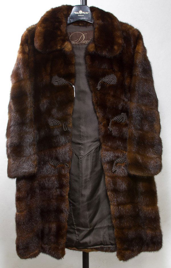 Mink Fur Coat by David New York: Mink Fur Coat by David New York Dark brown hip length coat with large frog closures, having dark brown silk lining Length: 36.00 inches, Width: 17.00 inches (width from arm pit to arm pit)Size: 6-8 Ca