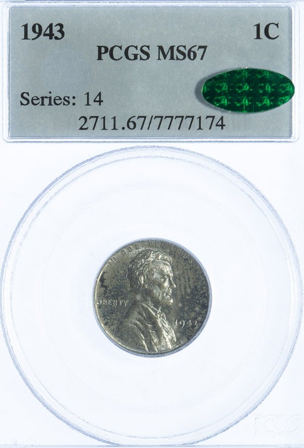 1943 1c MS-67 PCGS CAC: 1943 1c MS-67 PCGS CAC Category: Cents > Lincoln Cent (Wheat Reverse) Shipping Status: Leonard Auction, Inc. will directly ship via USPS Approximate Sale Time: 10:02 am CST