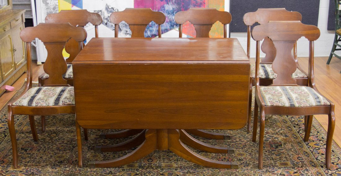 Mahogany Drop-leaf Dining Room Set: Mahogany Drop-leaf Dining Room Set Matching table and six chairs having floral upholstery Height: 30.00 inches, Width: 60.00 inches, Depth: 42.00 inches Category: Furniture > American Shipping Status: