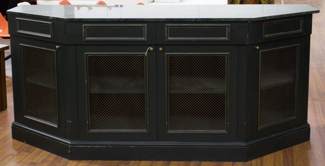 Marble Top Buffet: Marble Top Buffet Having six sides, green marble top, green painted wood cabinet below with two drawers and four framed wire mesh doors Height: 38.00 inches, Length: 86.00 inches, Depth: 23.50 inches 
