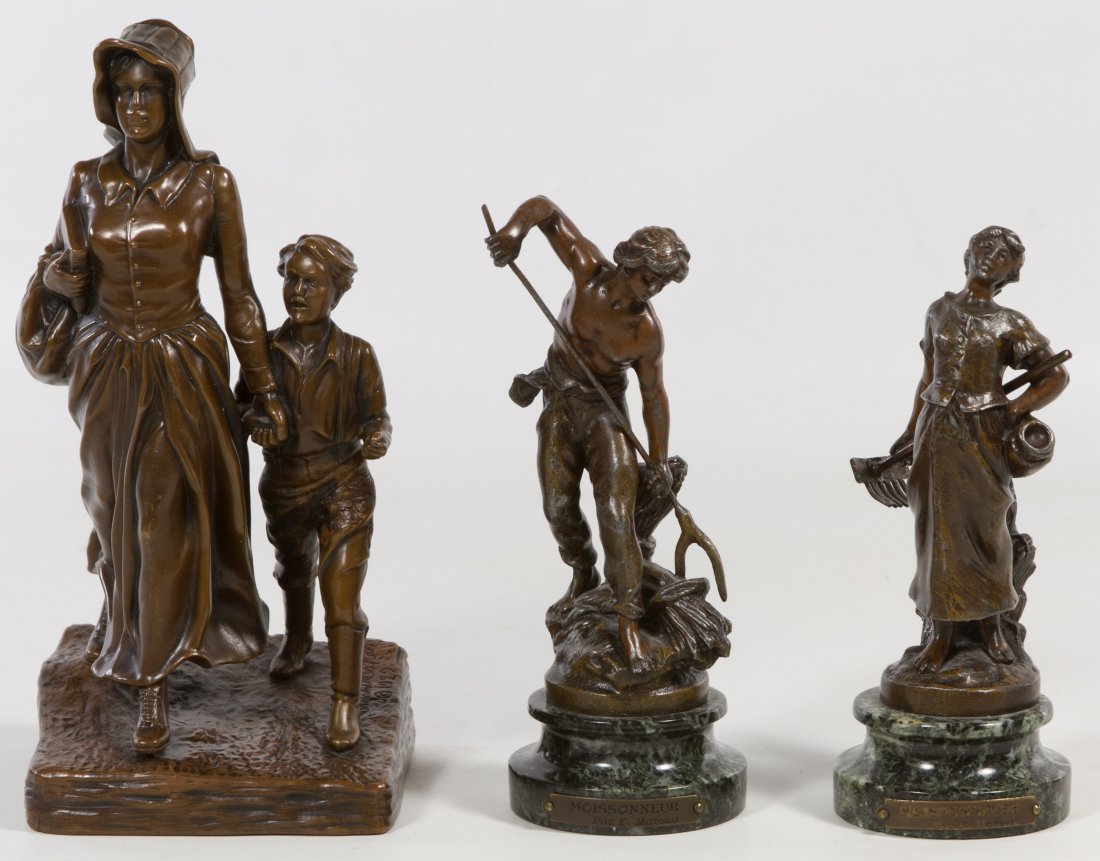 Jennings Brothers 'Pioneer Woman' Metal Statue: Jennings Brothers 'Pioneer Woman' Metal Statue Original designed by Bryant Baker in 1927; depicting a female holding hands with a child labeled 'JB 3355'; together with two statues on marble plinths l