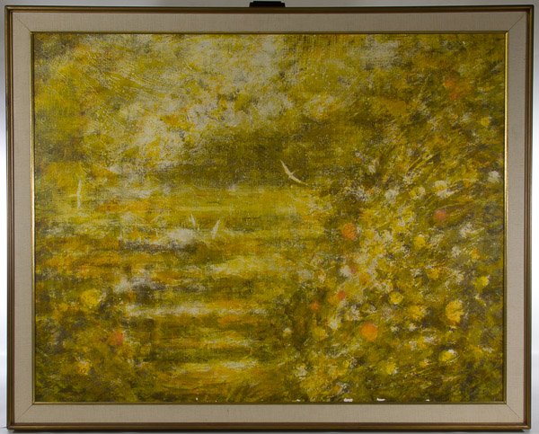 Dietrich Hermann Grunewald (American, 1916-2003): Dietrich Hermann Grunewald (American, 1916-2003) 'Yellow Bird' Acrylic on Canvas Undated, unsigned, depicting a yellow bird within an abstract yellow and green floral landscape; Van Amstel Co. label e