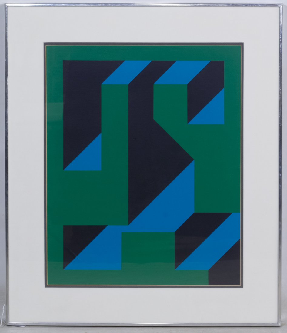 Rinaldo Paluzzi (American, b.1927) '76-262' Gouache on: Rinaldo Paluzzi (American, b.1927) '76-262' Gouache on Paper Undated, unsigned, depicting abstract shapes in green, black and blue; 'Frame Designs' label en verso with artist's name Height: 23.00 inch