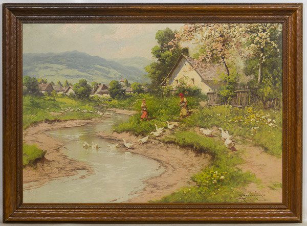 Laszlo Neogrady (Hungarian, 1896-1962) 'Ducks in Water': Laszlo Neogrady (Hungarian, 1896-1962) 'Ducks in Water' Oil on Canvas Undated, signed lower right, depicting ducks entering a stream Height: 27.00 inches, Width: 39.00 inches Category: Fine Art > Euro