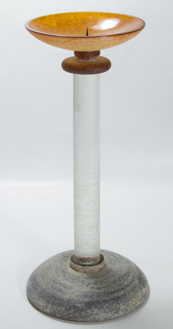Amber Scavo Glass Candlestick by Seguso for Karl: Amber Scavo Glass Candlestick by Seguso for Karl Springer c.1980, etched marked Karl Springer Height: 17.00 inches Category: Glass > Art Glass Shipping Status: 3rd Party Shipping; the shipping cost ma