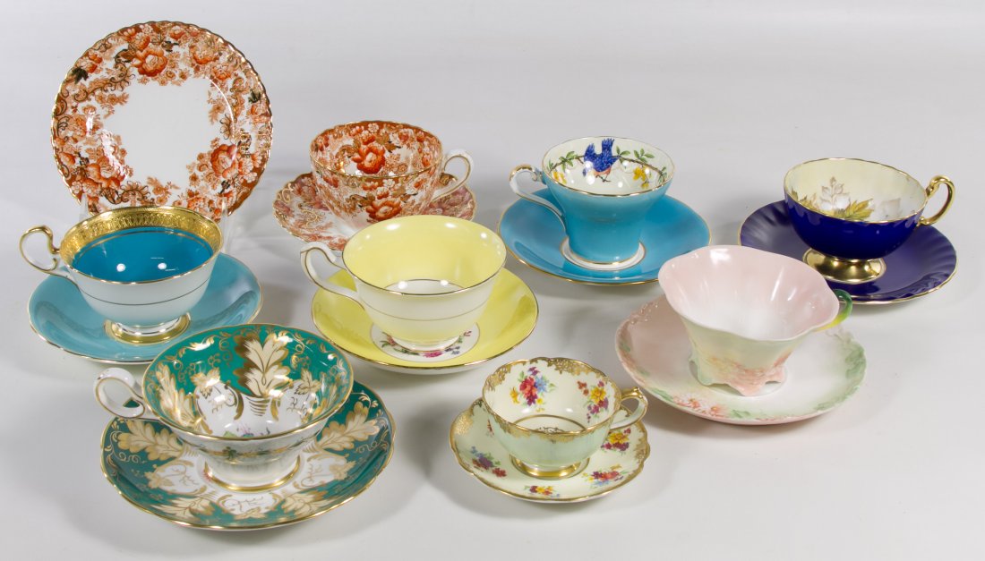Porcelain Cup and Saucer Assortment: Porcelain Cup and Saucer Assortment Eight sets including three English Aynsley sets, an English 'Grosvenot' set from Marshall Field's department store, a Haviland France set, a Taylor & Kent set, an E