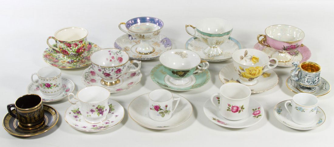 Porcelain Teacup and Saucer Assortment: Porcelain Teacup and Saucer Assortment Fourteen sets including Capodimonte, Neofitou and Lefton examples Height: 3.00 inches (tallest cup) Category: Porcelain and Ceramics > Mixed Lots Shipping Status