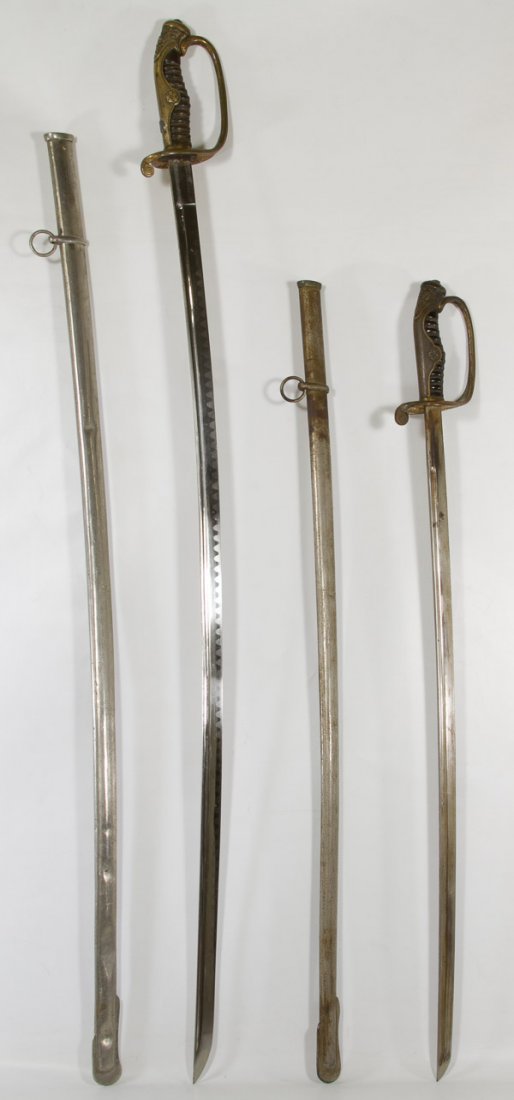 Sword and Sheath Sets: Sword and Sheath Sets Two sets; both unmarked; longer sword has modern Damascus blade Length: 41.50 inches (longest) Category: Military & Weapons > Decorative Swords Shipping Status: 3rd Party Shippin