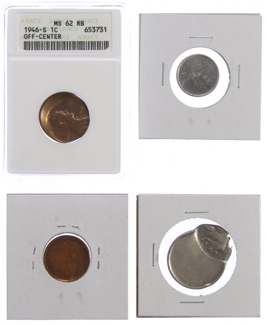1946-S 1c Off-Center Error MS-62 RB ANACS: 1946-S 1c Off-Center Error MS-62 RB ANACS Together with three other off-center error coins Category: Error Coins > United States Shipping Status: Leonard Auction, Inc. will directly ship via USPS Appr