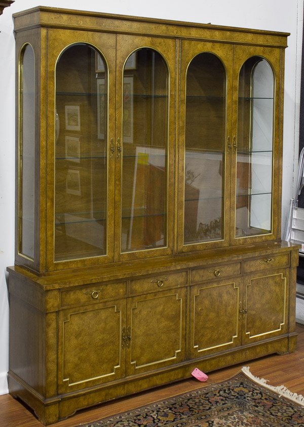 Burled Walnut Hutch by Mastercraft Furniture Co.: Burled Walnut Hutch by Mastercraft Furniture Co. Having four rounded arch glass doors with electric display light over four drawers and lower cabinet section Height: 82.50 inches, Length: 72.00 inches