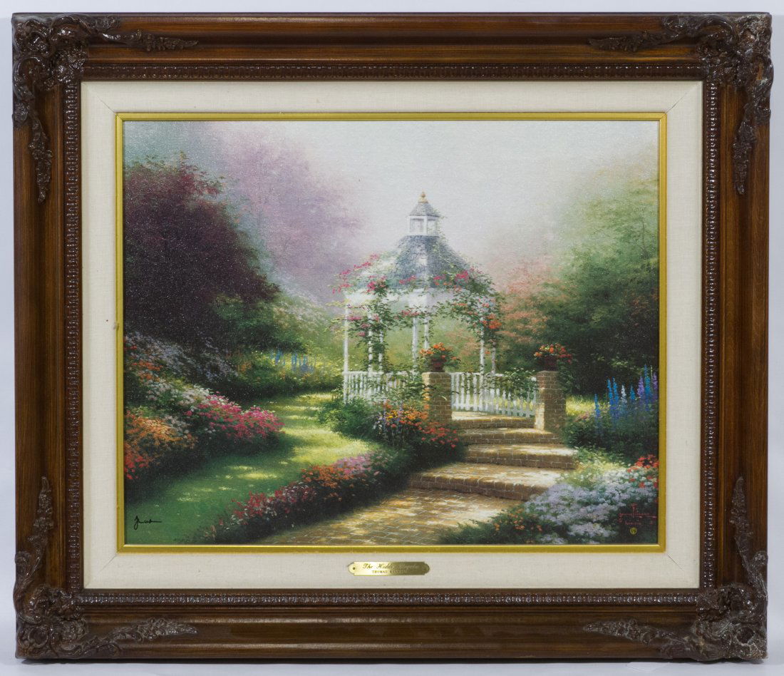 Thomas Kinkade (American, 1958-2012) 'The Hidden: Thomas Kinkade (American, 1958-2012) 'The Hidden Gazebo' Lithograph 1994, signed lower right, numbered 295/600, gallery proof on canvas, depicting a gazebo with flowers in the Spring Height: 16.00 inc