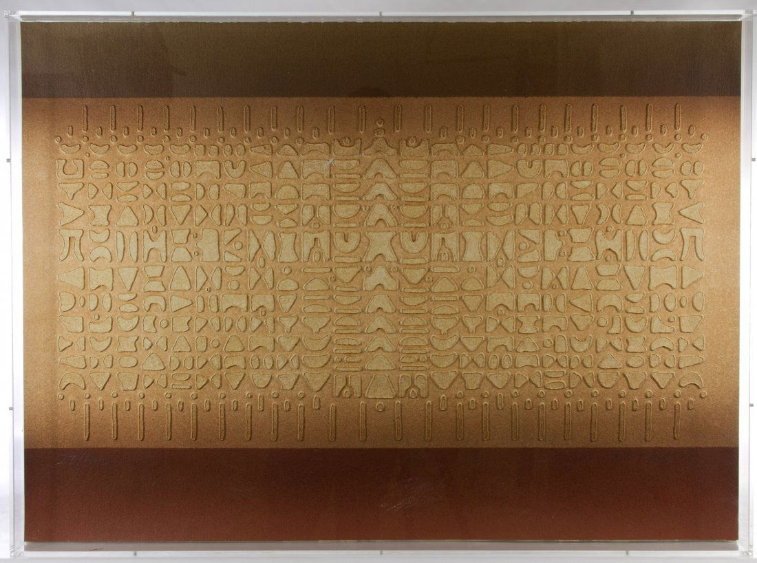 Paul Maxwell (American, b.1926) '712' Cast Paper Art: Paul Maxwell (American, b.1926) '712' Cast Paper Art Stencil cast paper framed in lucite box Height: 29.50 inches, Width: 40.50 inches (framed) Category: Fine Art > Other Shipping Status: 3rd Party Sh