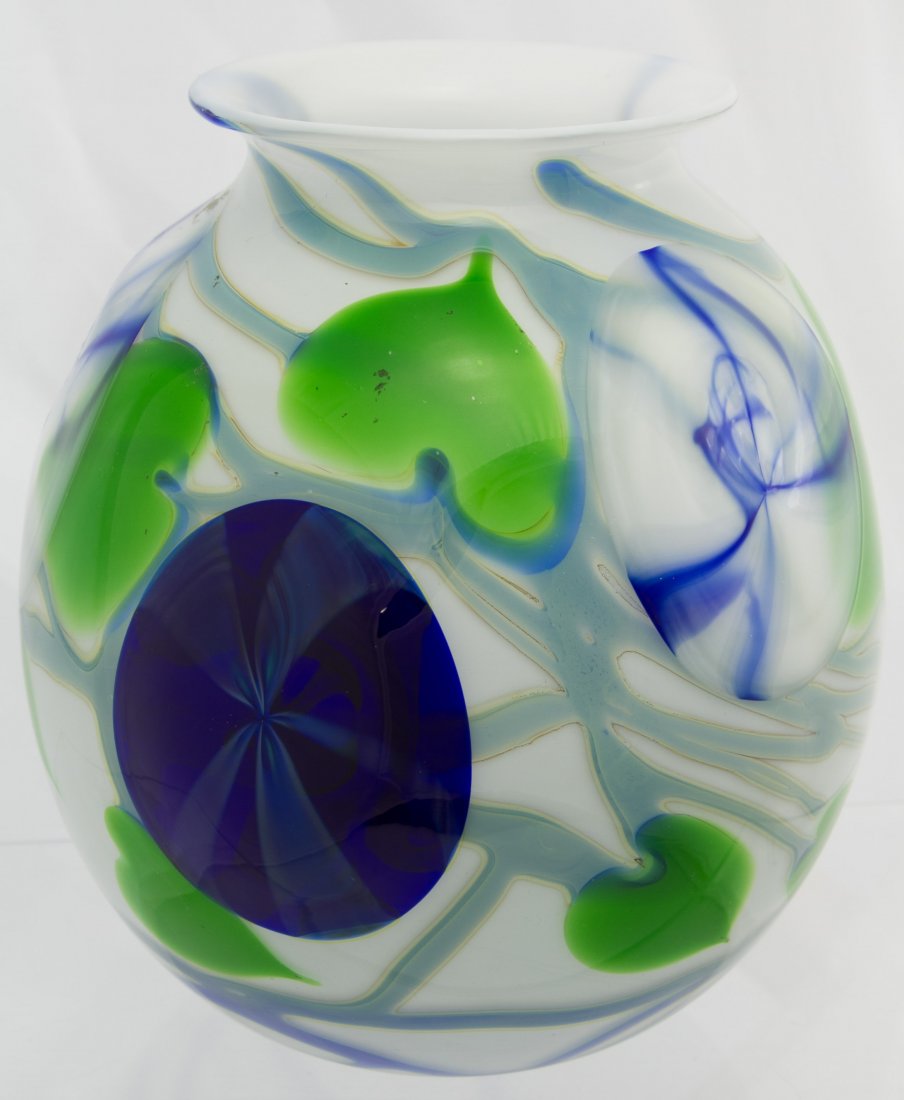 Charles Lotton Medallion Vase: Charles Lotton Medallion Vase 1978, having an opaque white ground with blue and green abstract foliage and round cobalt blue medallions, and signed 'Lotton' on the underside Category: Glass > Art Glas