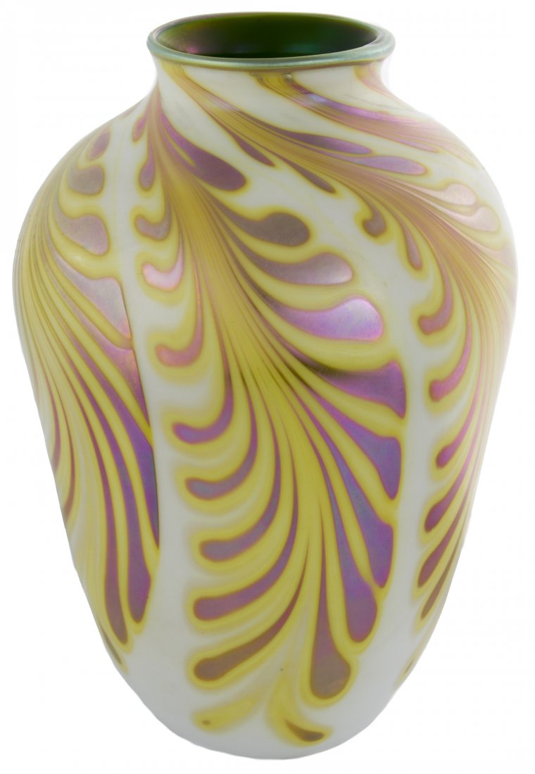 Charles Lotton Wisteria Vase: Charles Lotton Wisteria Vase 1977, having a baluster shape with gold and yellow swirls of wisteria branches on an opaque white ground; signed 'Charles Lotton' and dated on the underside Height: 9.00 i