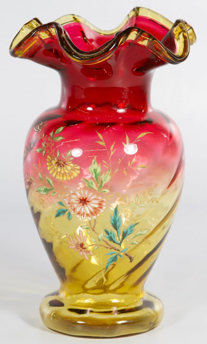 Moser Style Amberina Vase: Moser Style Amberina Vase Unsigned amberina glass vase with ruffled edge and applied enamel flowers Height: 9.75 inches Category: Glass > Other Shipping Status: Leonard Auction, Inc. will directly shi