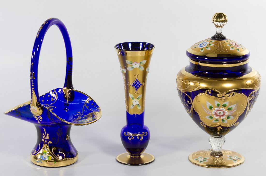 Moser Style Glass Assortment: Moser Style Glass Assortment Including a basket, vase and covered dish all having a painted floral motif Height: 10.00 inches (tallest) Category: Glass > Other Shipping Status: Leonard Auction, Inc. w