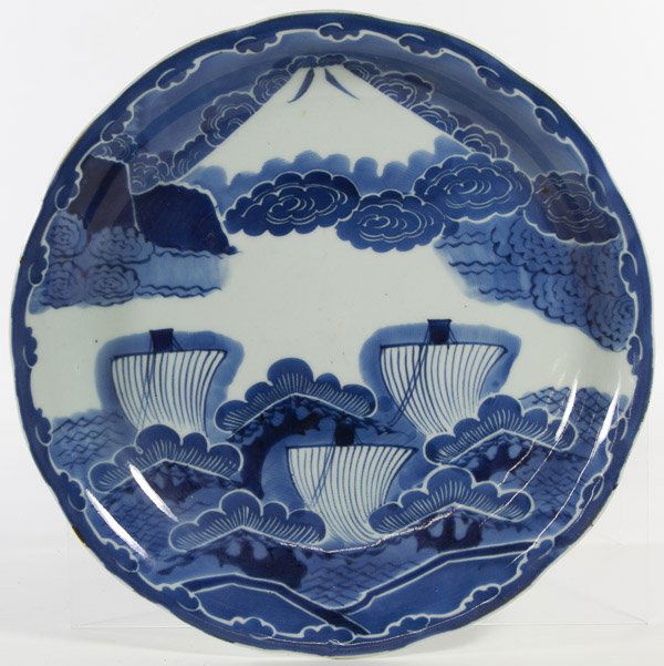 Asian Bowl: Asian Bowl Having a blue and white tone with three sailboats and note at back reading 'Japanese Antique Book Meno Me Imari Blue / White c.1800' Diameter: 12.75 inches Category: Porcelain and Ceramics